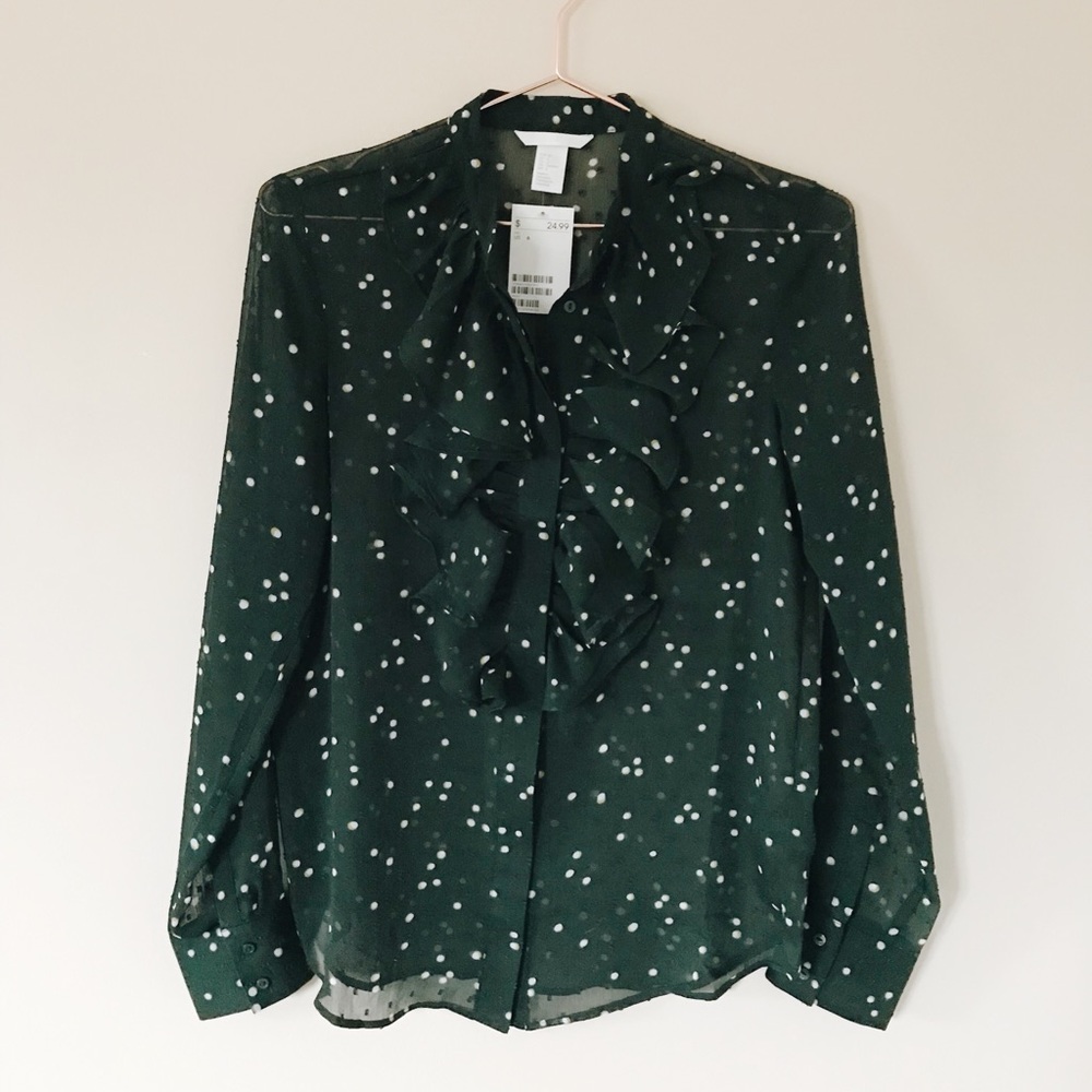 New w/ Tags H&M Green Polka Dot Ruffle Blouse